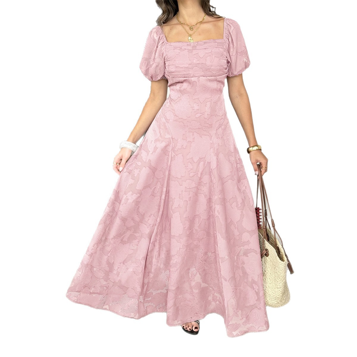Women Retro Vintage Square Neck Puff Sleeve Jacquard Textured High Waist Slim Fit Dress Casual Party Wear_ecoleips.com