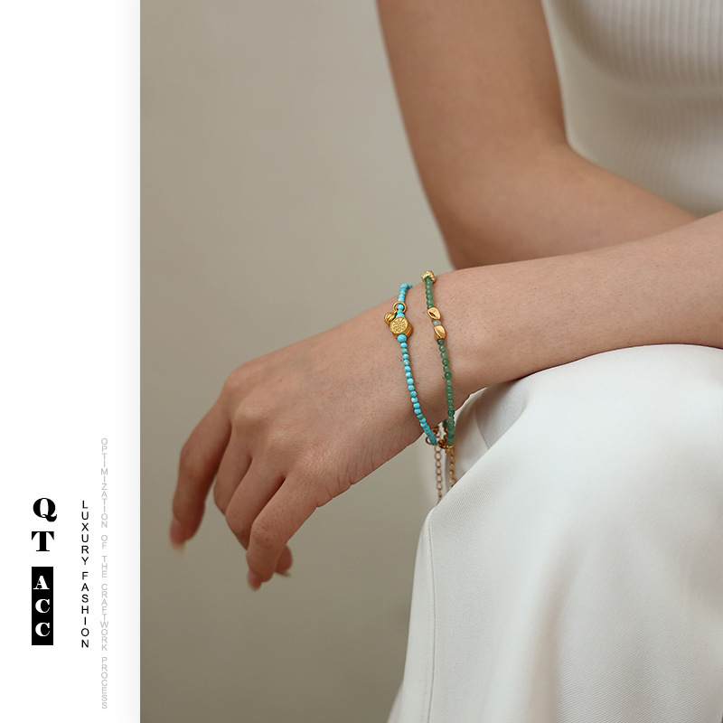 New Chinese Style Personalized Ancient Style National Fashion High-grade Unique Jewelry Green Dongling Inlaid Zircon Turquoise Beaded Bracelet for Women