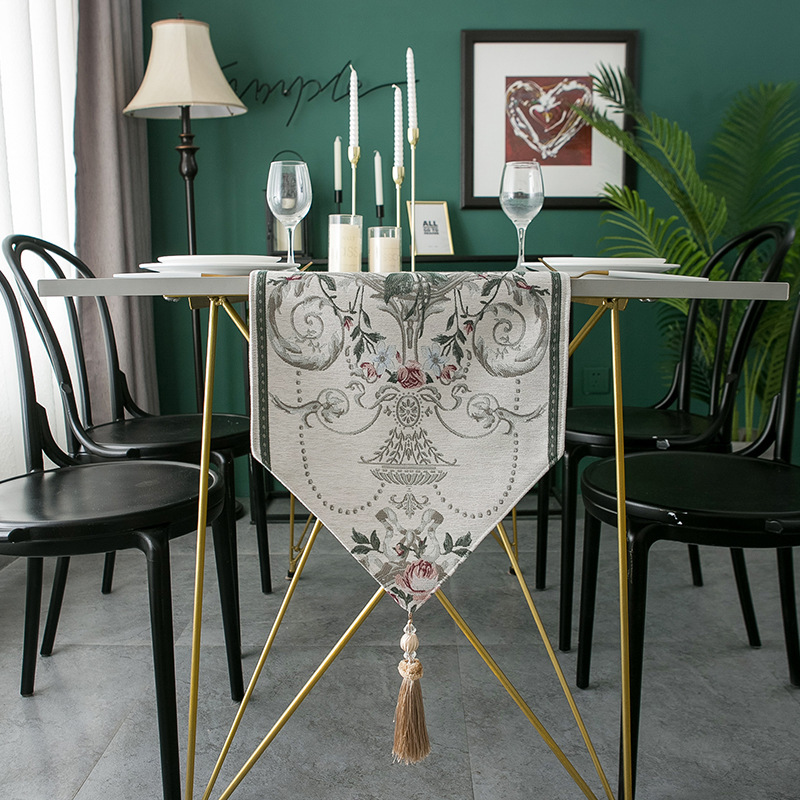 Europäische leichte Luxus Chenille Jacquard Stickerei Quaste Tischdecke Bett Schal Wohnzimmer Couchtisch Tischdecke Tischläufer_voghion.com