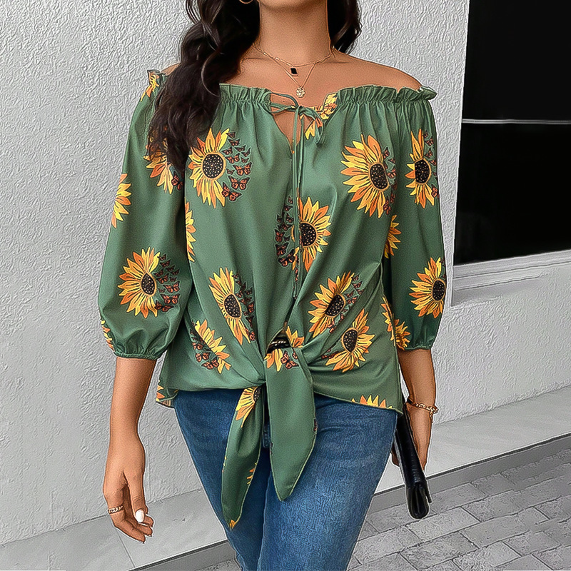 2025 Cross-Border New Amazon Aliexpress European and American Sexy Fashion Hot Style Printed One-Shoulder Tops for Women Wholesale