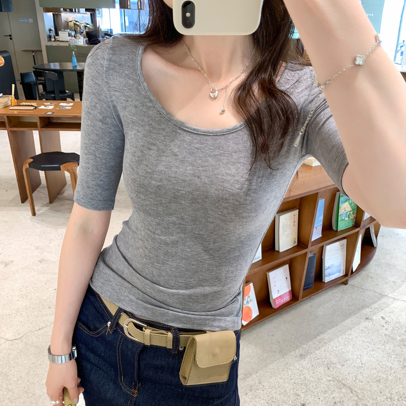 实拍图莱赛尔天丝修身U领中袖羊毛T恤女2025夏薄款上衣|undefined