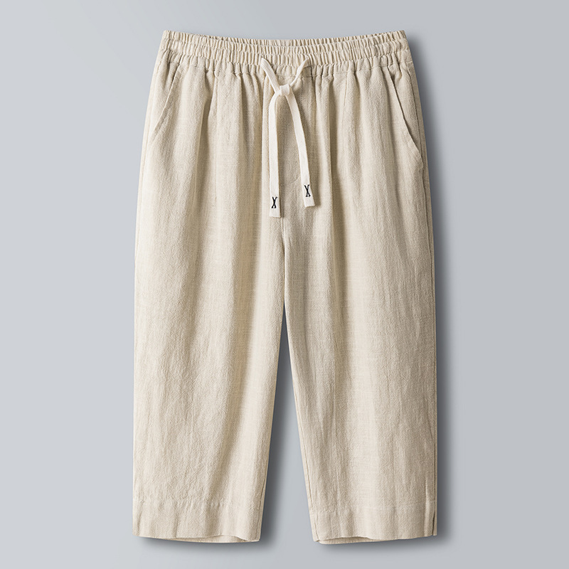 Cross-Border 2025 Chinese Style Ramie Cotton Men's Cropped Pants Summer Thin Loose Pants Breathable Casual Zen Cotton