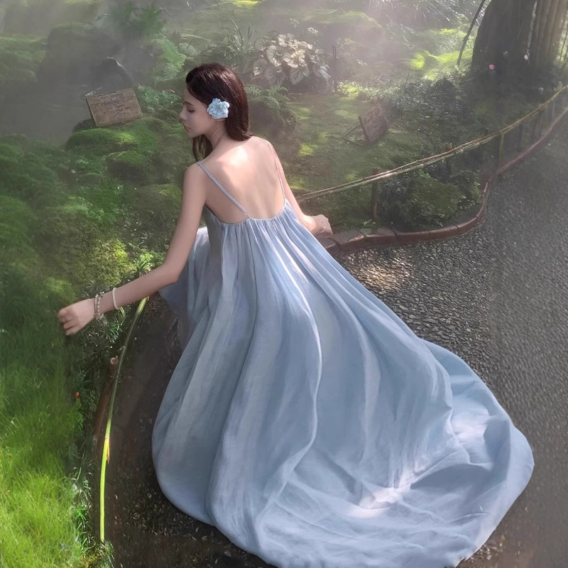 Sanya Seaside Suspender Women's Design Holiday Style Long Skirt Simple Elegant Relaxed Backless Dress Beach Skirt