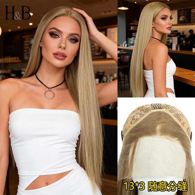 13X3 Large Area Lace Wig Brown Medium-Length Hair 32inch European and American Instagram Influencer Style Hand-Crocheted Lace Wig 13X3 Large Area Lace Wig Brown Medium-Length Hair 32inch European and American Instagram Influencer Style Hand-Crocheted Lace Wig