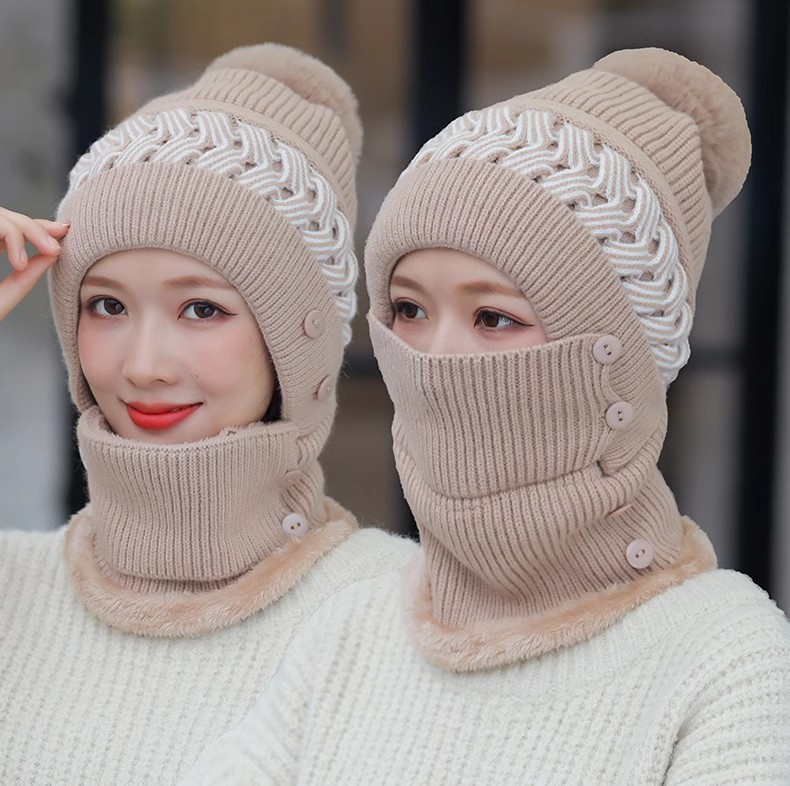 连体针织帽子女加绒加厚拼接麻花帽帽子可拆卸帽子围脖口罩三件套