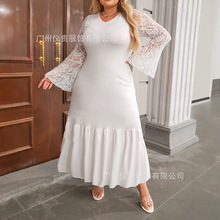 欧美女装跨境大码休闲连衣裙女士加大纯色休闲优雅蕾丝拼接喇叭袖
