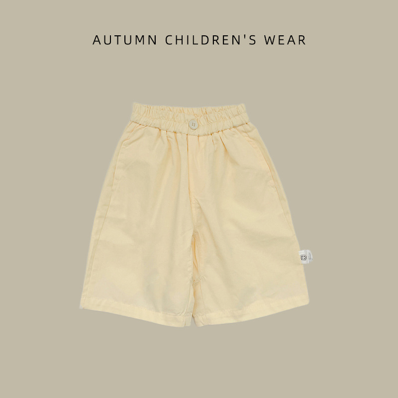 Simple cropped pants for infants and toddlers, new autumn collection, light yellow, elastic waistband, pure cotton shorts for baby girls, trendy style Simple cropped pants for infants and toddlers, new autumn collection, light yellow, elastic waistband, pure cotton shorts for baby girls, trendy style