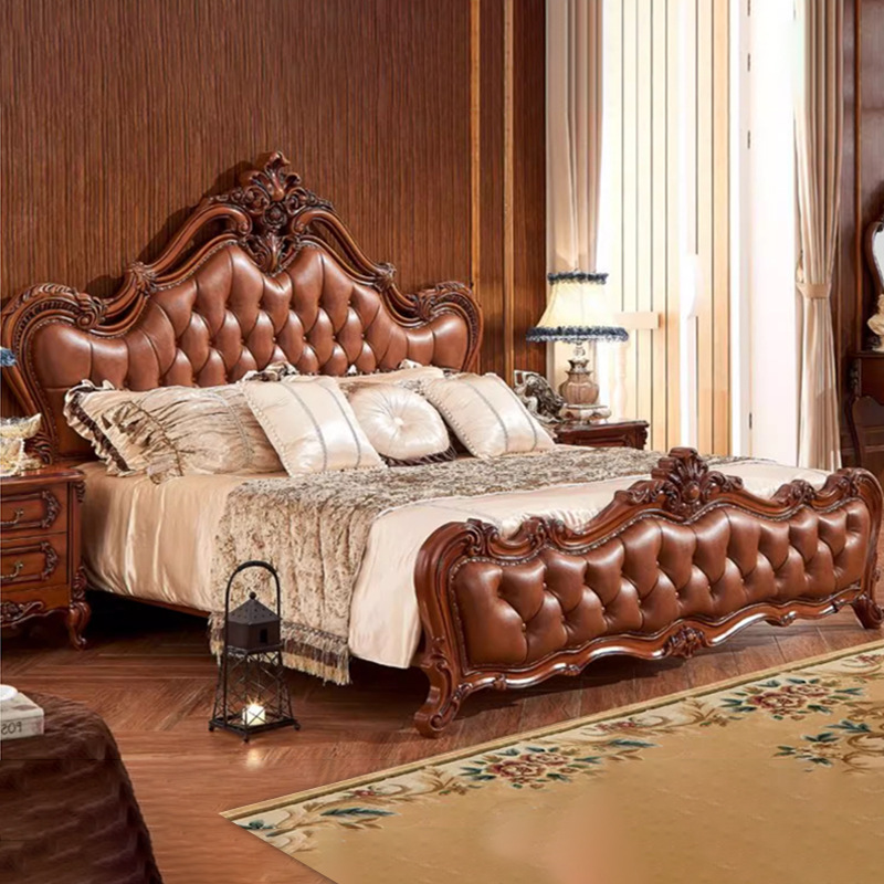 European-Style All-Solid Wood Double Bed, Master Bedroom Wedding Bed, American Country-Style Light Luxury Carved High-End Elegant Modern Minimalist Furniture