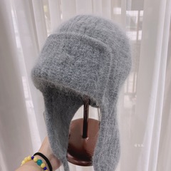 ロシア製ベルベットのような柔らかく肌に優しいウール帽子、冬用耳当て付き暖かいウサギの毛ニット帽、ストラップ付き多用途雷峰帽子