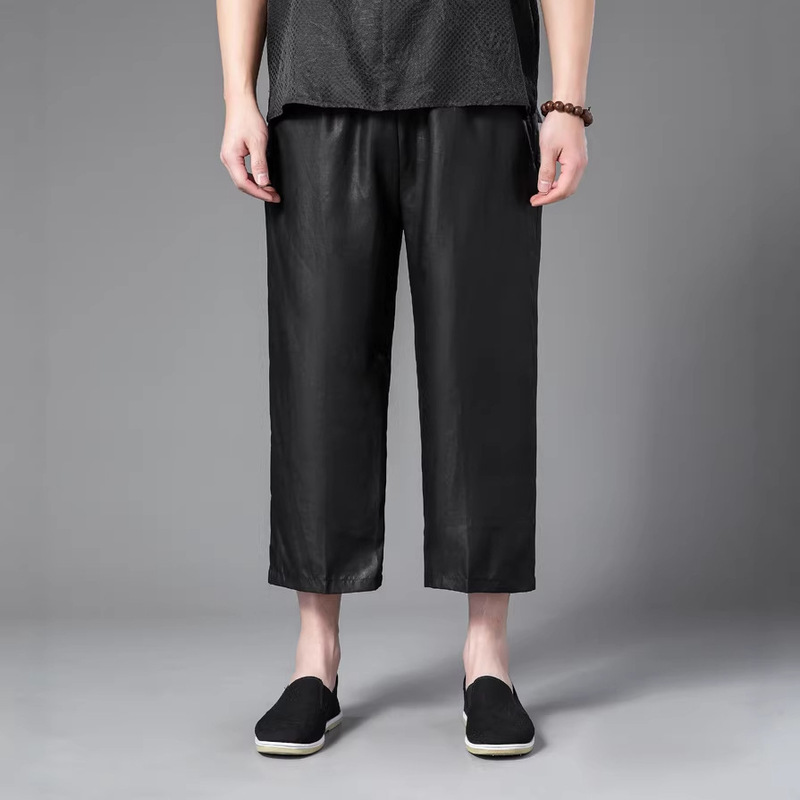 100% Silk Casual Cropped Pants for Men, Summer High-End Xiangyun Silk Crackle Pattern National Style Pants, Versatile and Trendy