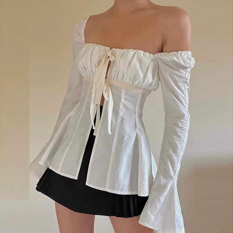 Amazon Independent Station White Shirt Women's Slim Pleated Lace-Up Corset Flared Long Sleeve Top Y2K Amazon Independent Station White Shirt Women's Slim Pleated Lace-Up Corset Flared Long Sleeve Top Y2K