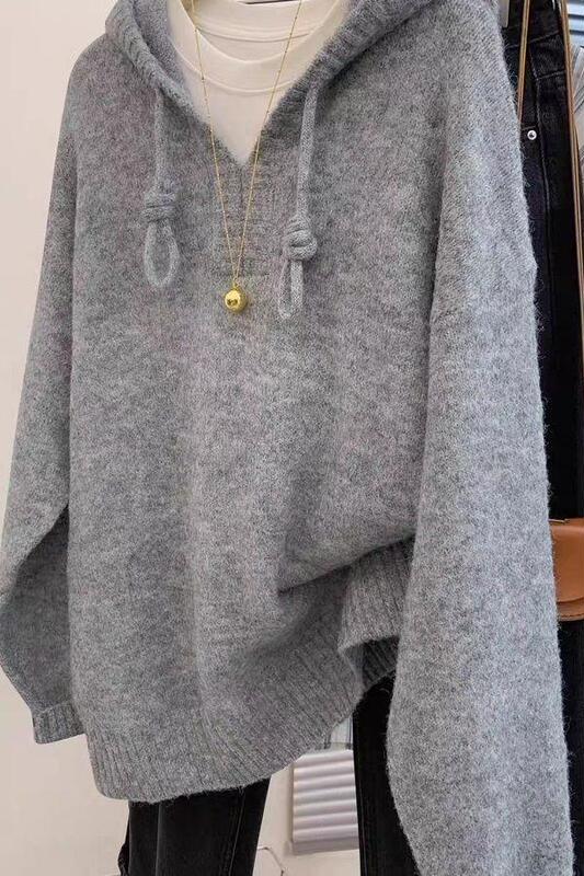 Gray Hooded Pullover Knitwear for Women Winter Winter 2025 New Thickeneded Lazy Hoodie Knitwear Sweatshirt Top