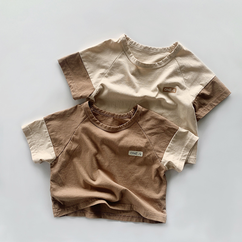 Spliced ​​children's T-shirt summer new 2024 boys and girls short-sleeved cotton tops Korean style forest style trendy children's clothing