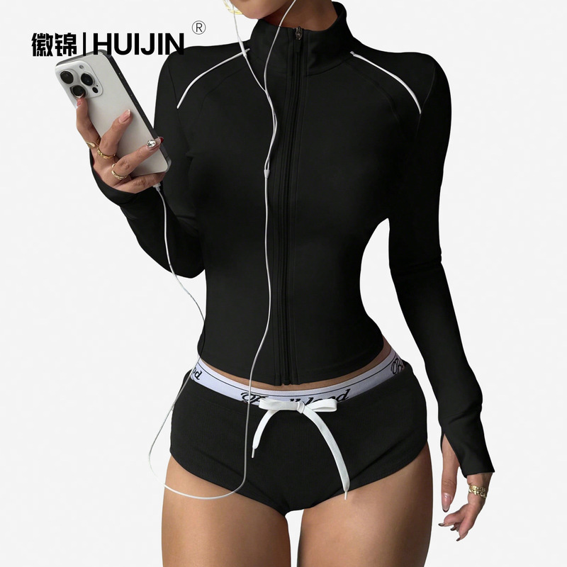 Cross-Border Quick-Dry Yoga Jacket for Women, Color-Block Zipper Sports Top, Long-Sleeve T-Shirt, Waist-Cinching Short Coat Cross-Border Quick-Dry Yoga Jacket for Women, Color-Block Zipper Sports Top, Long-Sleeve T-Shirt, Waist-Cinching Short Coat