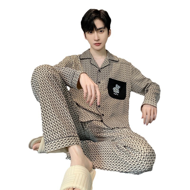 (2개) 봄과 가을면 니트 남성용 잠옷 세트 캐주얼 심플 패션 관대 한 긴 소매 바지 가디건 홈 의류