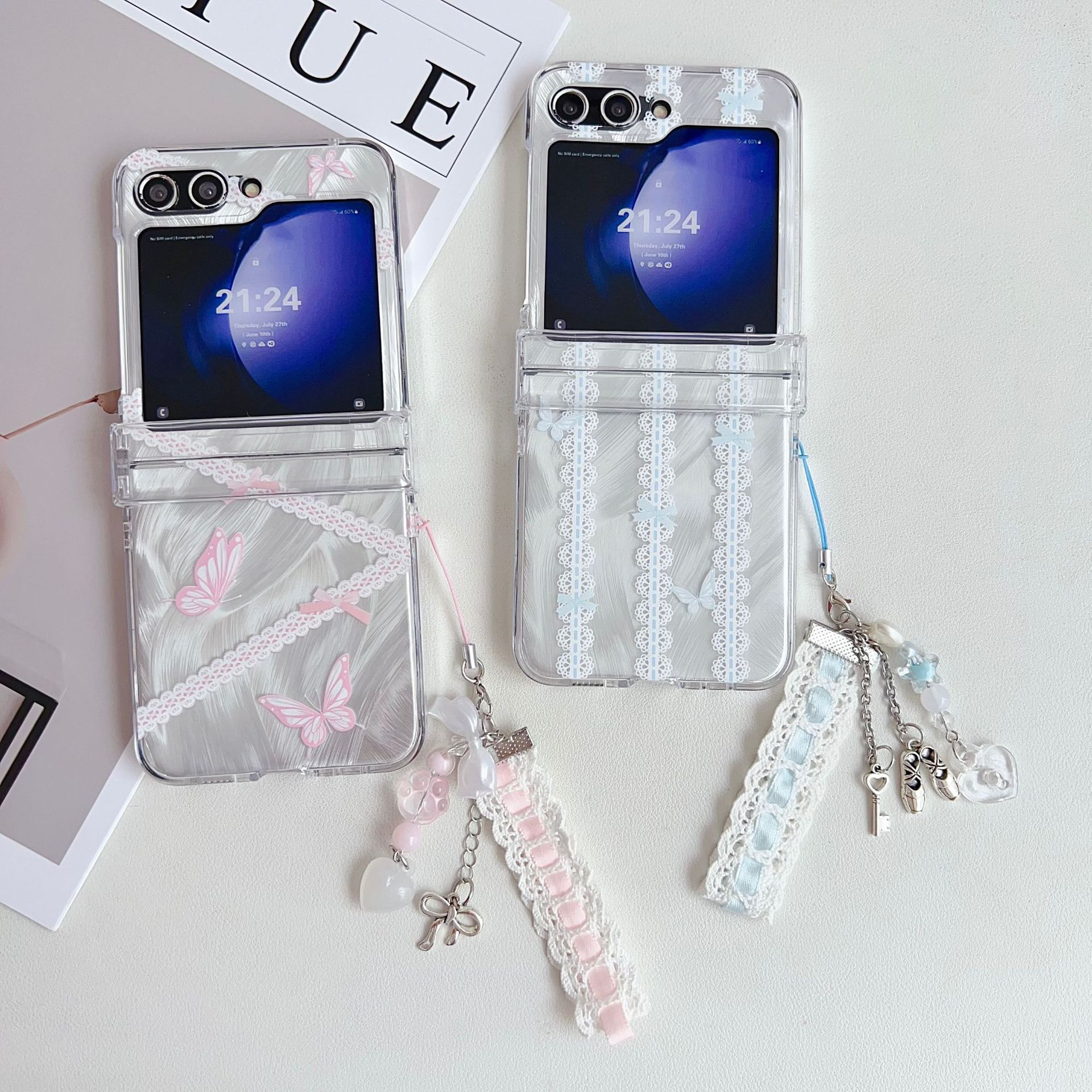 Feather Yarn Lace Butterfly For Samsung Z Flip5 Transparent ZFlip3/4 Protective Case Korean Style Fashion_voghion.com