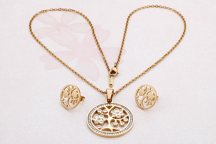 Fashion Titanium Steel Diamond Pendant Tree of Life Necklace Earrings Set