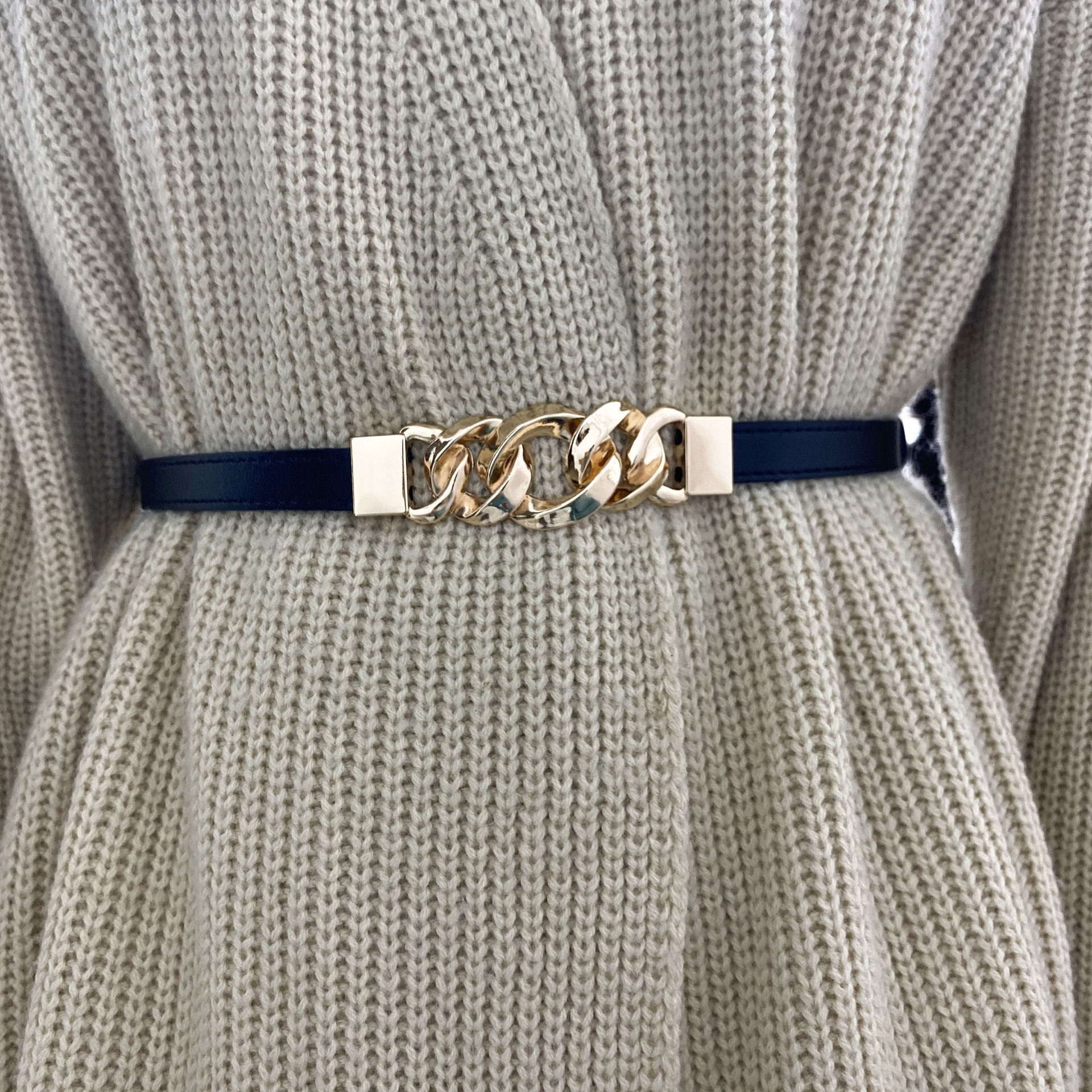 Fashionable All-match Genuine Leather Belt Women's Skirt Coat Elegant Metal Chain Buckle Small Belt Thin Sweater Belt