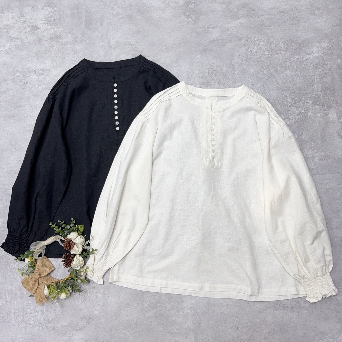 日系森女纯色全亚麻减龄多扣半开领长袖衬衫宽松百搭文艺套头上衣