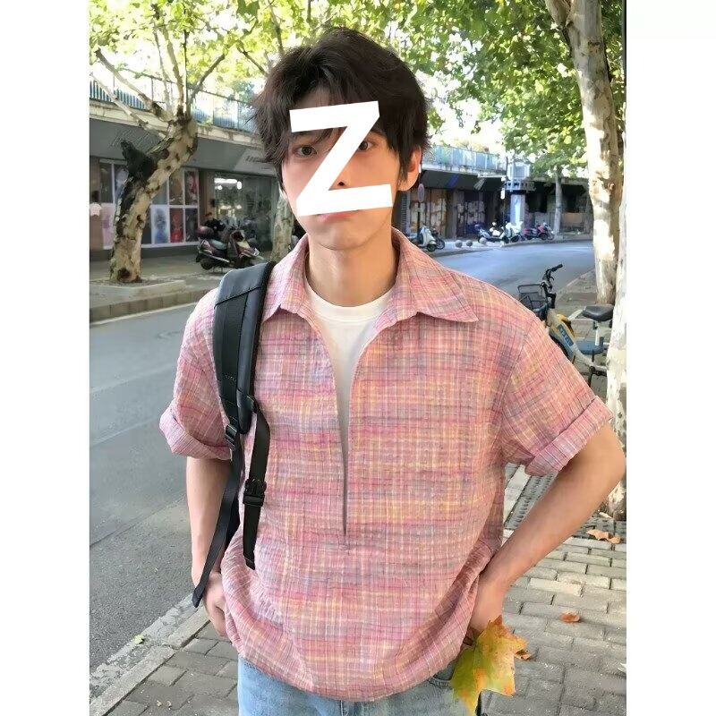 2026 Summer Dopamine Bubble Gauze Plaid Short Sleeve Shirt Fake Two-Piece Casual Youthful Simple Jacket for Men and Women