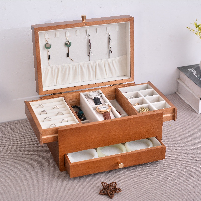 Wooden Desktop Jewelry Storage Box Double-Layer Large Capacity Multi-Purpose Earrings Earrings Necklace Watch Wooden Jewelry Box