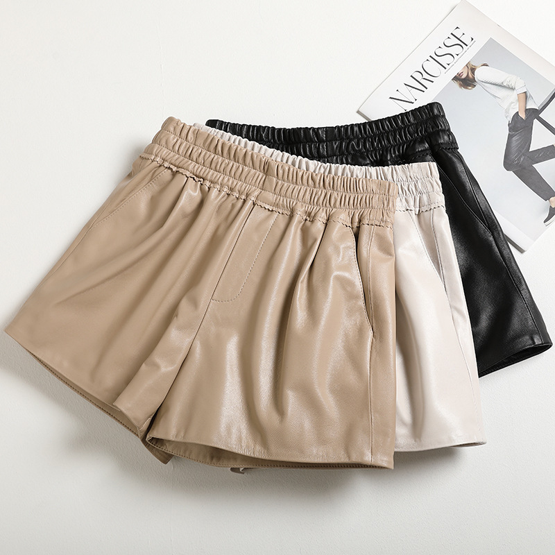 Haining New Genuine Leather Pants Women's Autumn and Winter Slimming High Waist Large Size Sheepskin Shorts Wide Leg Hot Pants for Outer Wear