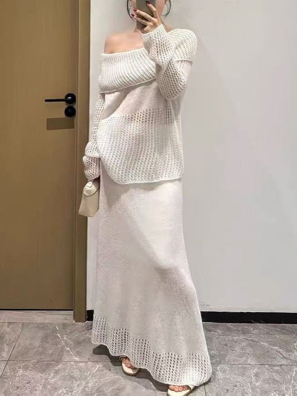 跨境纯欲风镂空针织套装女一字领露肩针织衫上衣半身裙两件套1356|undefined