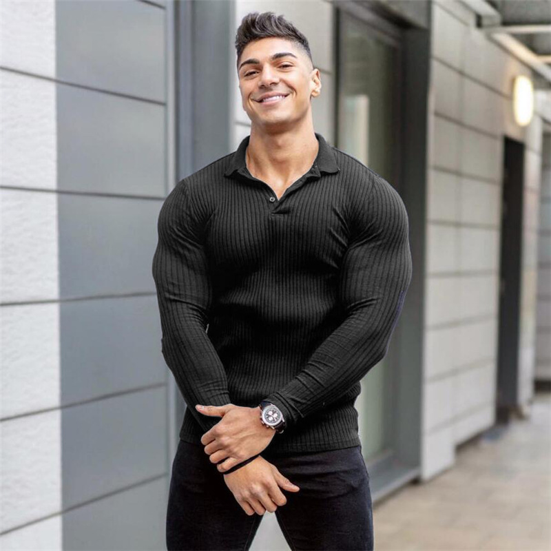INS camisa de polo deportiva de manga larga de otoño para hombres musculosos europeos y americanos camiseta de fitness de solapa transpirable de punto elástico de moda