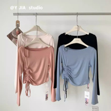 官图  夏薄款露肩挂脖t恤女设计感小众修身长袖侧边抽绳上衣防晒