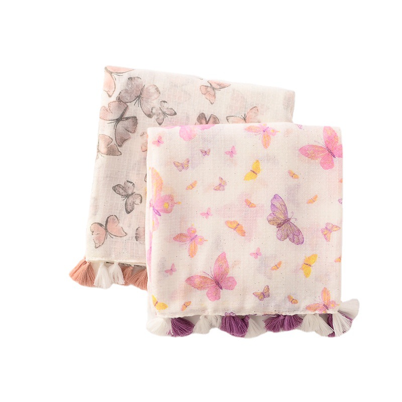 Mariposa Rosa fresca oro rosa borla larga bufanda grande bufanda de seda de algodón y lino con aire acondicionado chal fino