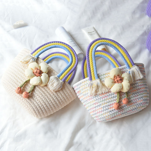 Korean style trendy cotton rope handbag, Internet celebrity, versatile and stylish handbag, small fresh flower straw bag, rainbow handle