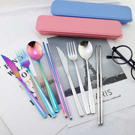 韩式勺叉四件套304不锈钢汤勺餐叉套装家用调羹长柄汤匙餐具批发