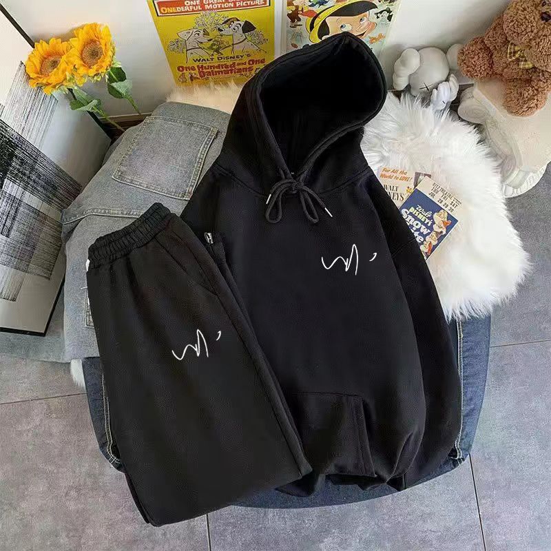 Trendy Printed Hooded fleece-lined Sweat suit Trousers Loose plus size Trendy with a Set of 12