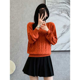 6930小香风轻奢高级感桔红色长袖钩花针织衫秋季新款宽松镂空上衣