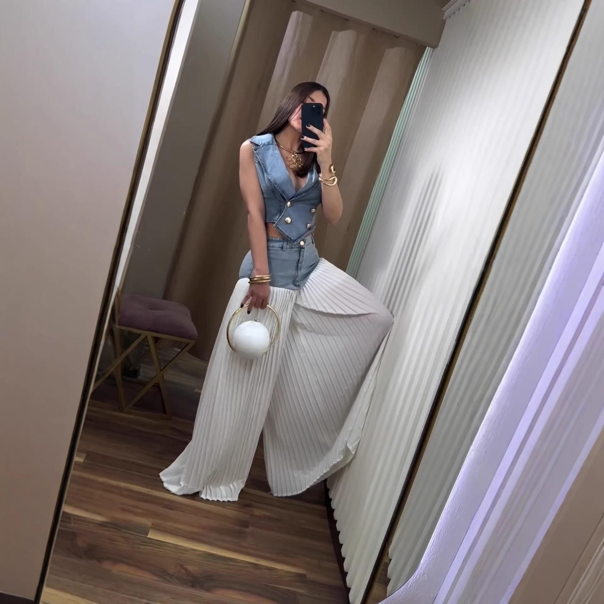 High Waist Denim Skirt Pants With Pleated Detail & Sleeveless Jacket Two-Piece Set, Casual Streetwear Outfit For Women_voghion.com