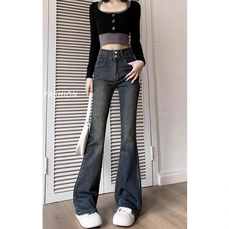 Cement Ash Micro-lar Jeans Women's Autumn and Winter Small Slim-fit Horseshoe Pants Vintage High Waist fleece-lined Horn Pants