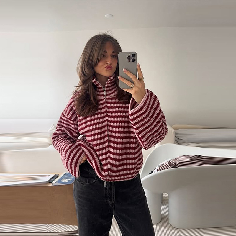 European and American Cross-Border 2025 Autumn and Winter New Style Stand-Up Collar Casual Versatile Lazy Style Zipper Knit Cardigan