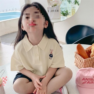 Girls Cotton Short-Sleeved Polo Shirt 2025 Summer Lapel Girl Fashionable Cartoon Half-Sleeved T-Shirt Top Trendy Beige