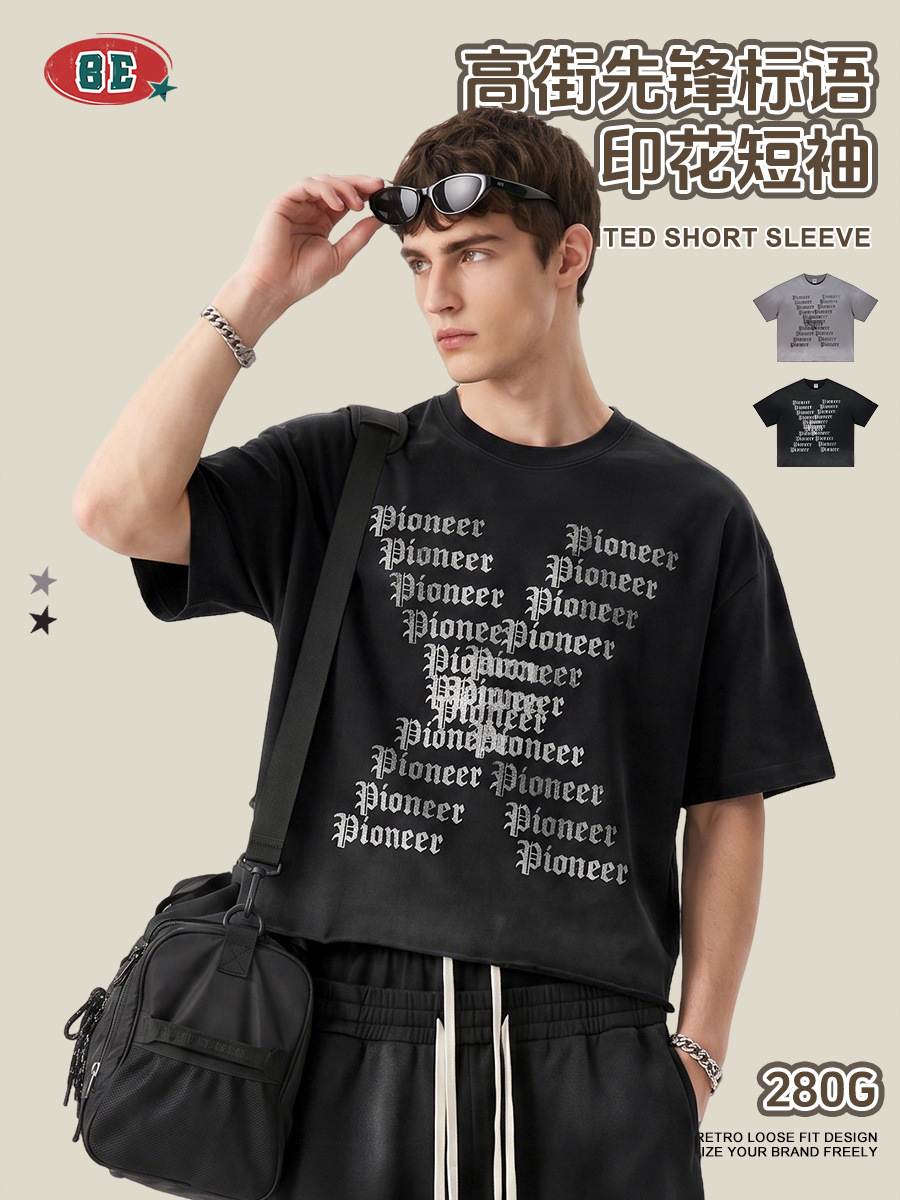 Be Hombres| Marca de moda americana de alta calle oscura Feng Shui lavado hace viejos spray de caballo borde disperso letras góticas camiseta hombre verano image 2