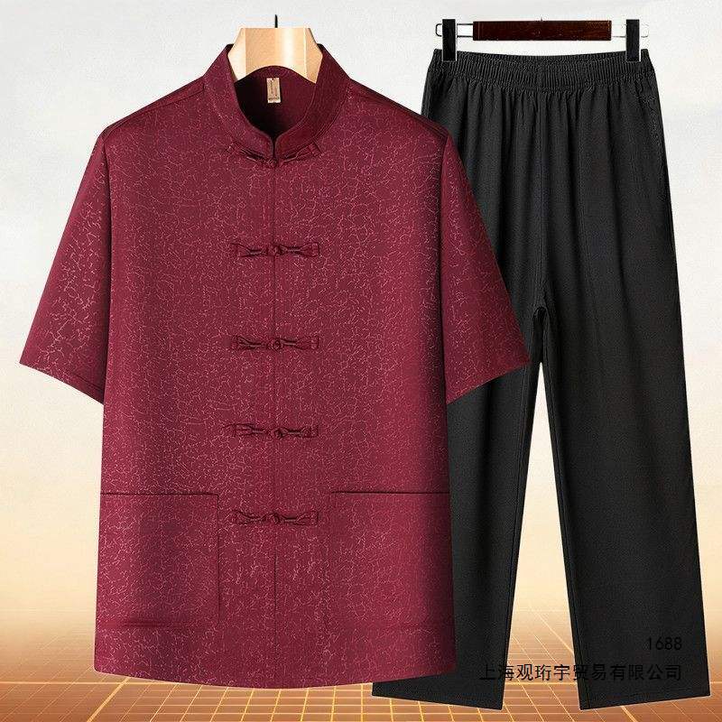Men's short-sleeved Tang suit, Chinese style, father, middle-aged and elderly, Suzhou embroidery, two-piece set for summer.