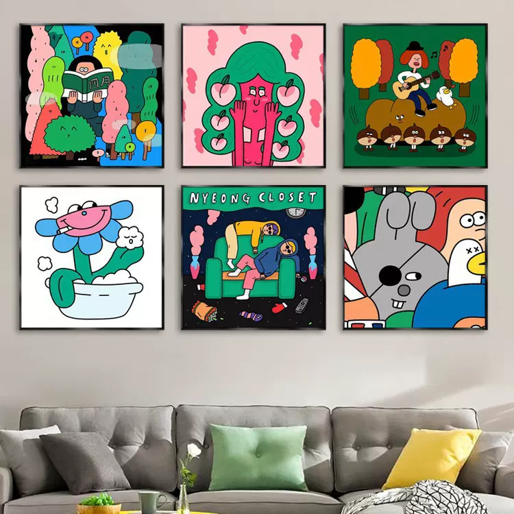 韩国ins风可爱卡通人物风插画装饰画儿童房卧室玄关客厅简约壁画