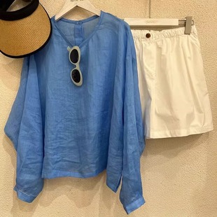 897# French high-end Klein blue long-sleeved silk shirt women's summer thin Tencel linen loose sun protection