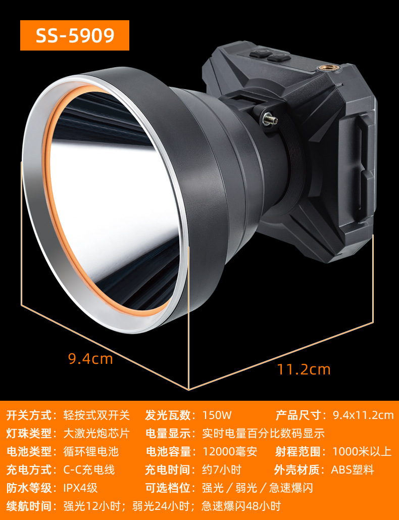 Faros LED de batería de litio de cabeza, faros de carga de larga duración, faros al aire libre, faros transfronterizos en el sudeste asiático