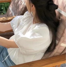 白色v领泡泡袖天丝衬衫女夏夏季薄款短袖雪纺衬衣设计感小众上衣