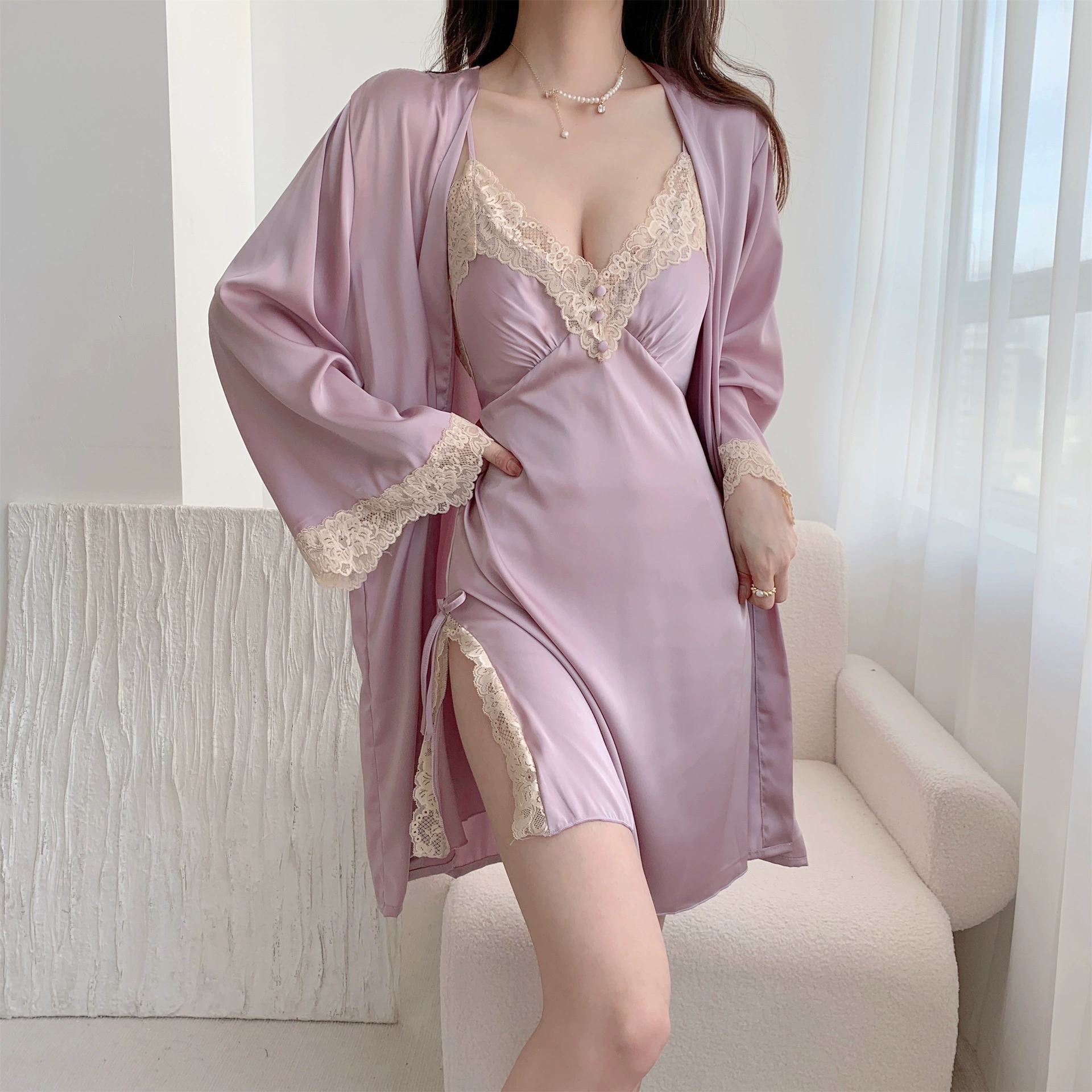 Летний пижамный комплект, топ из шелка с чашечками, халат, набор, утягивающий эффект