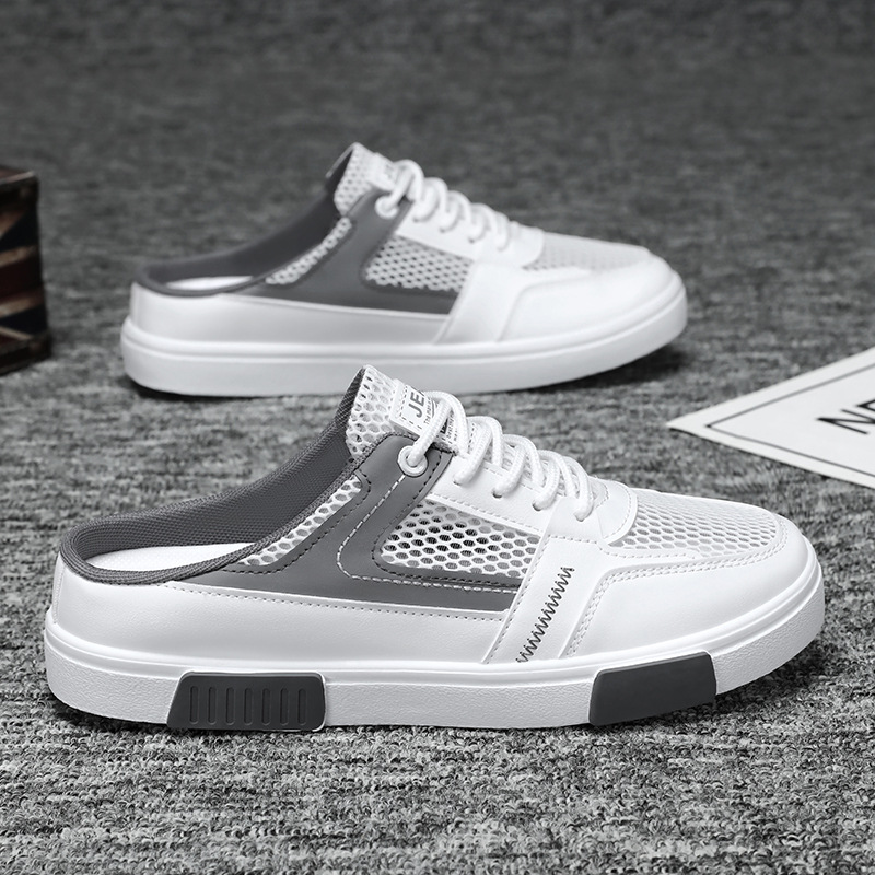 Zapatos de hombre de gran tamaño, estilo de explosión de verano, malla hueca y transpirable para adolescentes, sin tacón, medias pantuflas Baotou para hombres