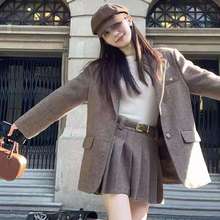 呢子西装外套新款宽松冬季高级时尚韩版两件套百褶裙人字纹套装