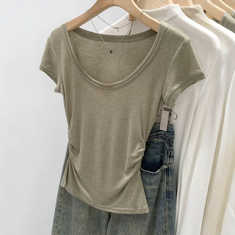 Pure Desire Style Hot Girl Slim Fit V-Neck Regular Shoulder Short Sleeve T-Shirt for Women Summer 2026 New Unique Beautiful Ruched Waist-Cinching Top