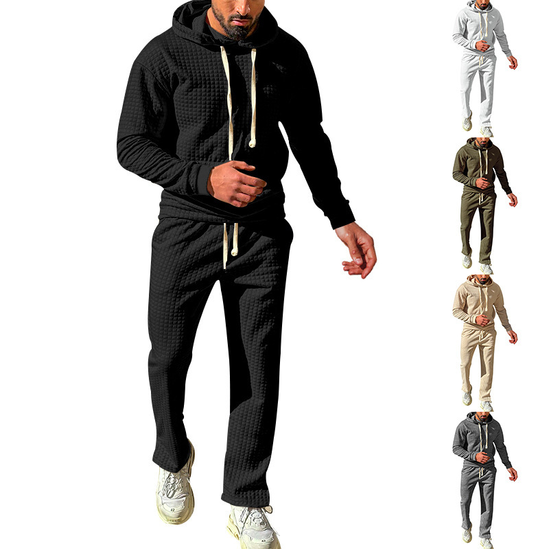 Independent autumn and winter men's jacquard small grid hooded sweatshirt, long pants, casual sports suit_voghion.com