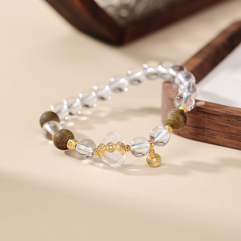 Vòng tay bạc S925 mạ vàng hạt tròn đính tinh thể trắng trầm hương Ruyi đồng xu — Một chiếc